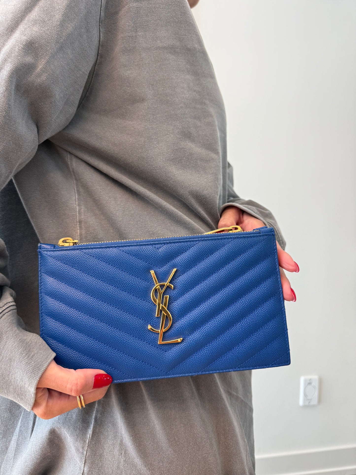 Authentic Yves saint Laurent triple compartment Cassandra chevron zipper top clutch ! Brand new condition! Fits phones cards cash coins etc