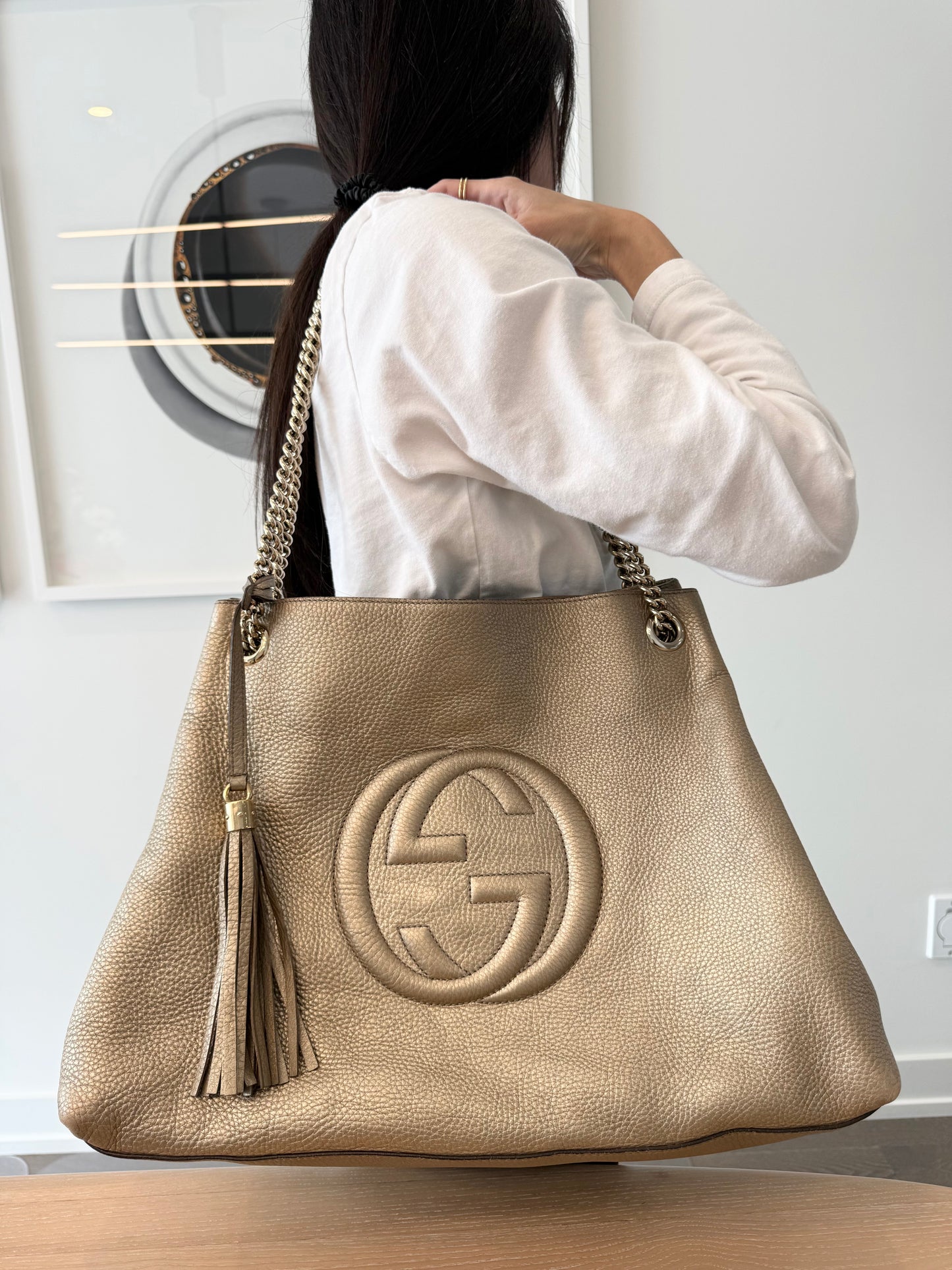 Authentic Gucci Soho Tassle Shoulder tote in subtle Gold !! Extremely rare limited print and stunning condition