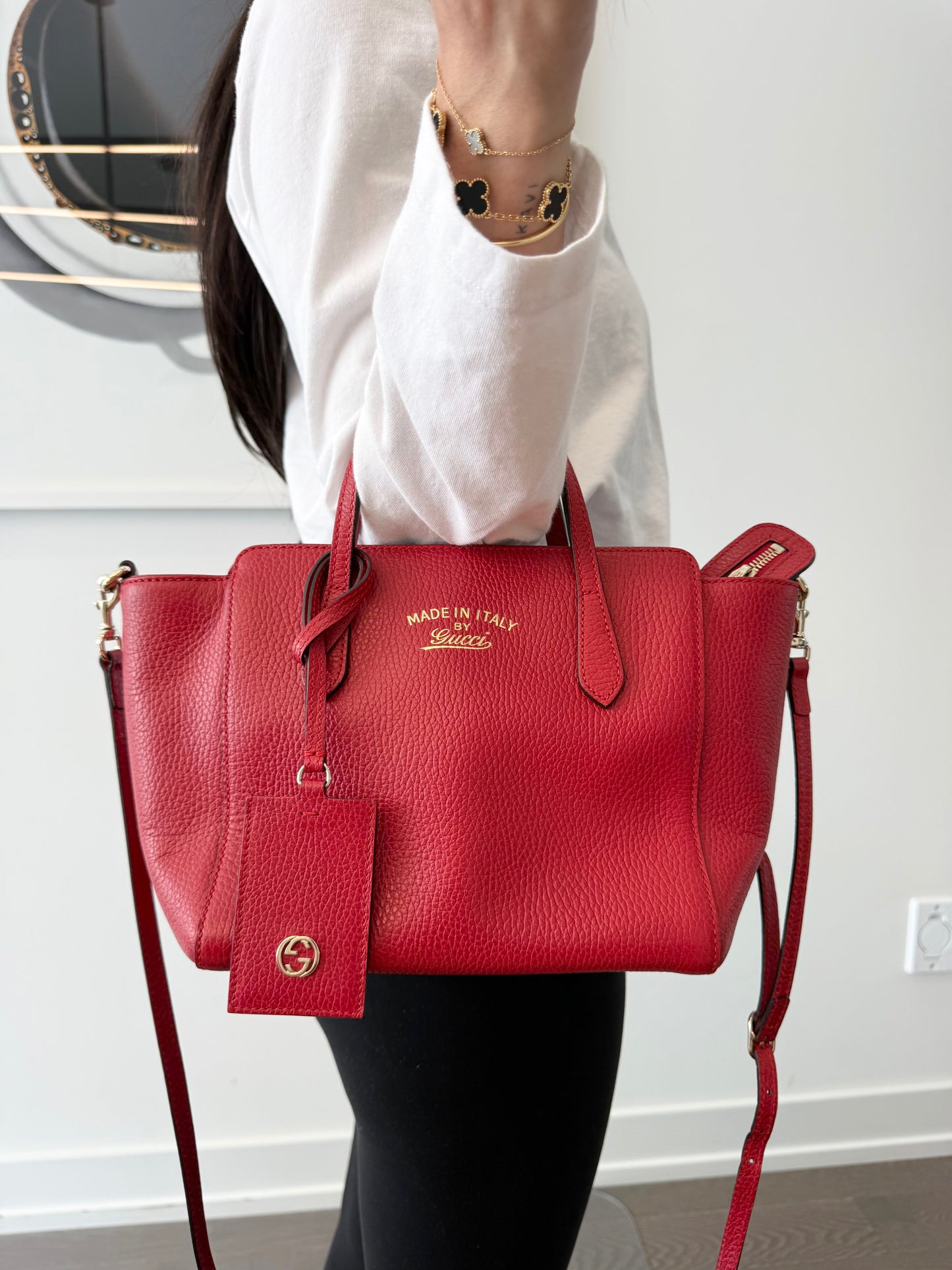 Authentic Gucci Red/Gold zipper top 2 way swing bag in literal brand new condition retail $3000 new
