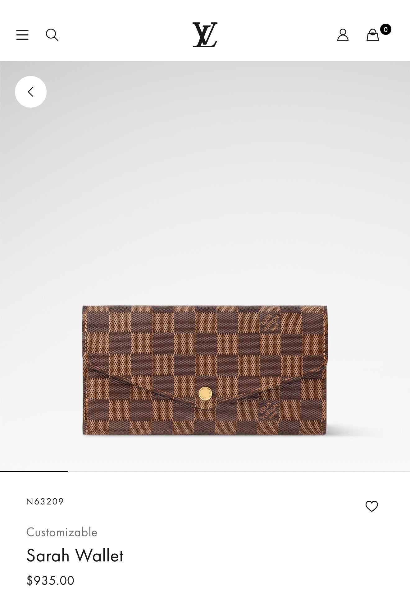 Authentic Louis Vuitton damier ebene Sarah wallet with added removeable strap fits phones etc retail $936 plus tax