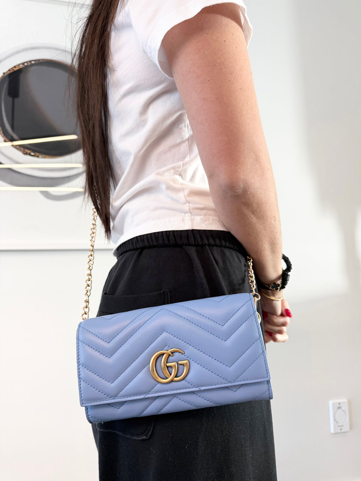 Authentic Brand New condition gucci Marmont flap wallet baby blue gold with added removeable strap fits phones etc retail $1200