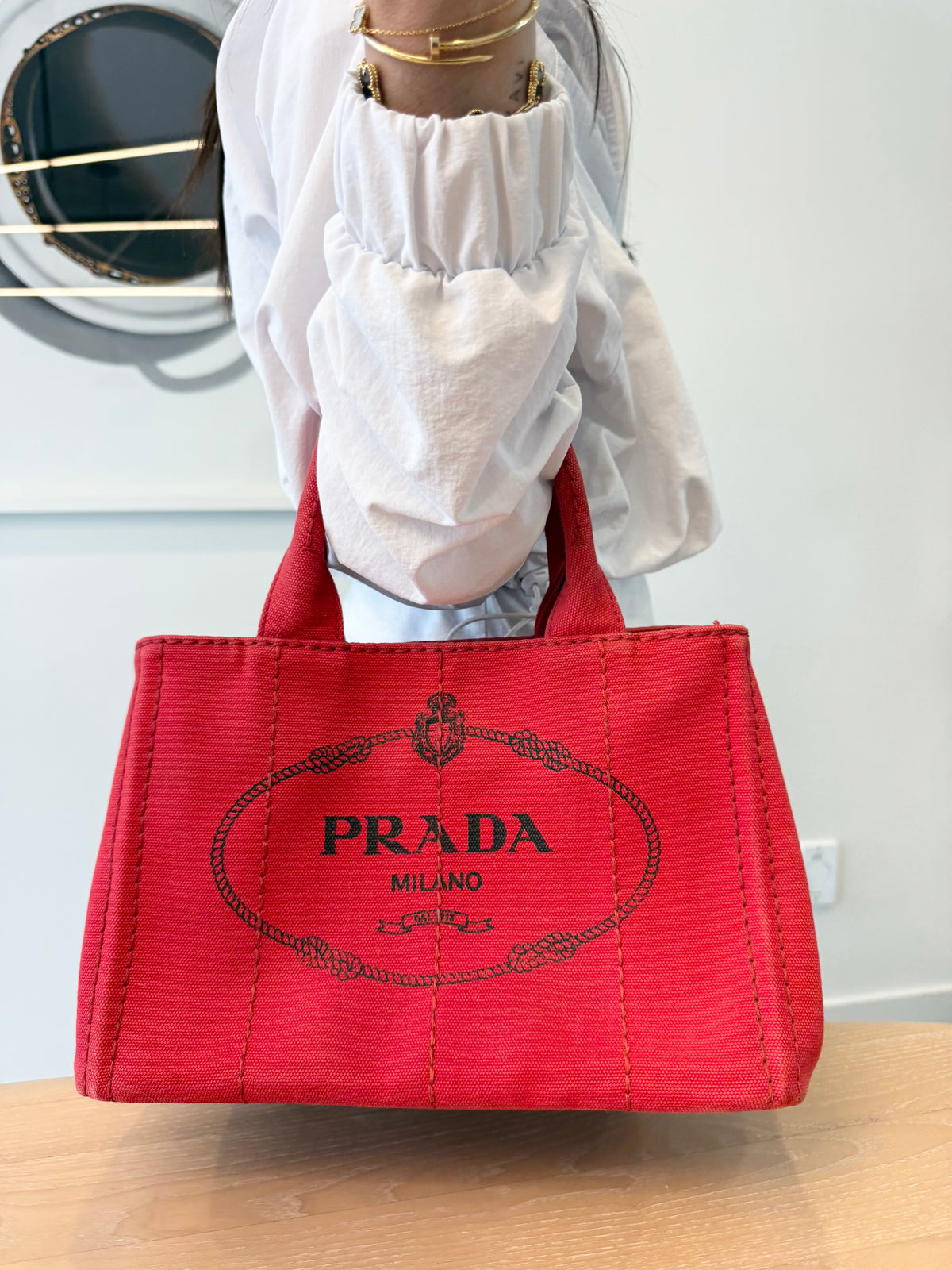 Authentic Prada Capana heavy duty denim in red and black with original adjustable strap ! I’ve never recieved one so clean!!