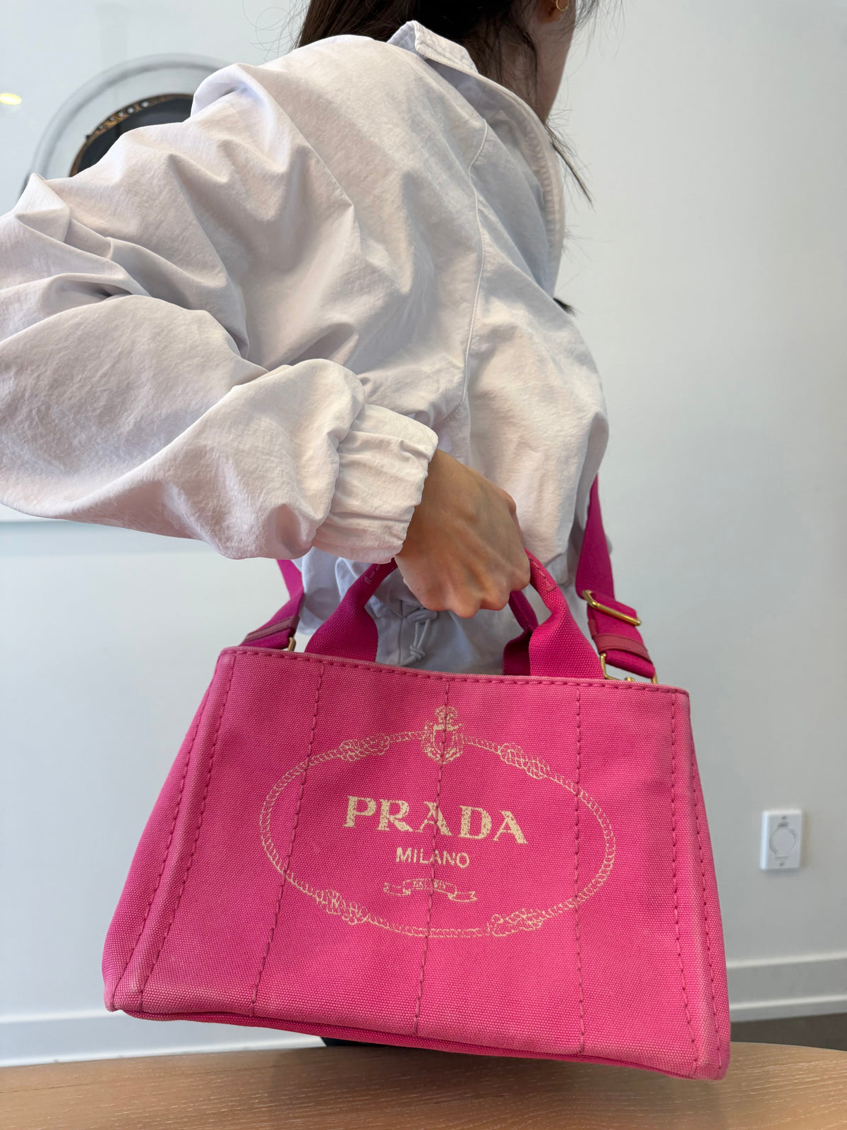 Authentic Prada Capana Pink heavy duty denim top handle with original adjustable crossbody strap in gorgeous condition!