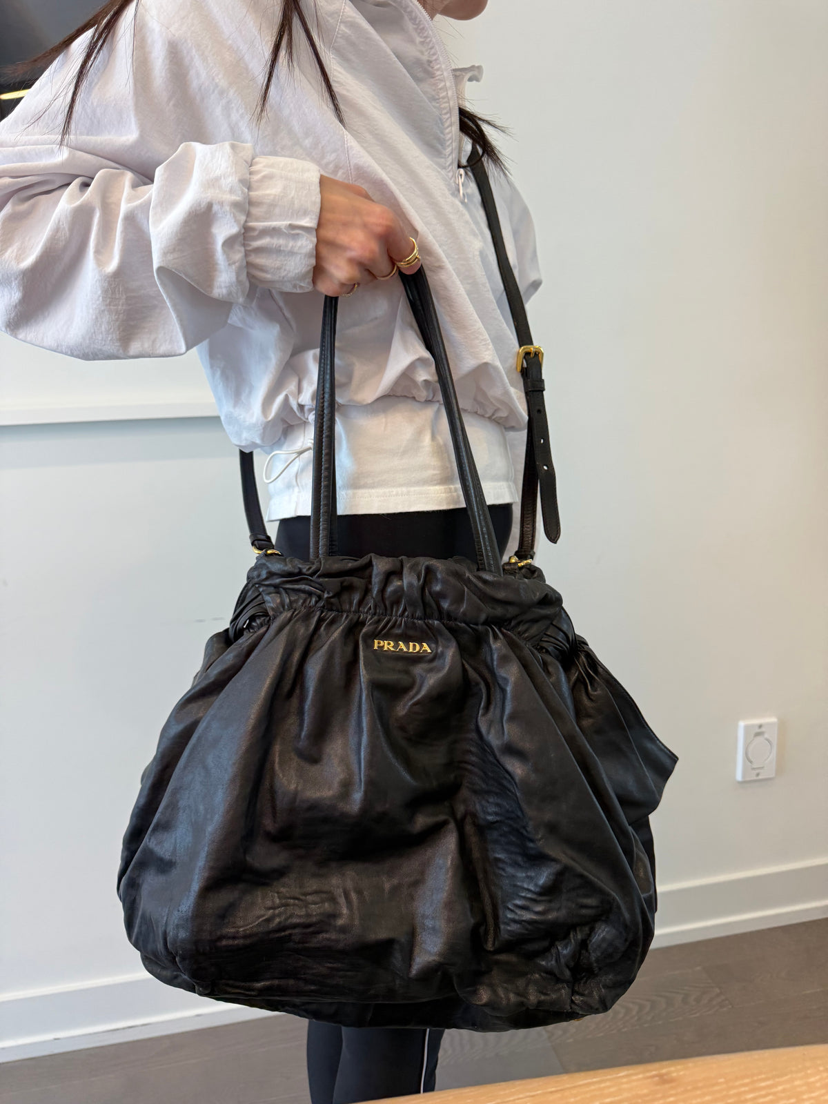 Authentic Prada Saffiano wrinkled Lambskin leather button closure long shoulder strap  tote with original adjustable strap in dustbag! This is a $3500 bag new ! Unbelievable leather