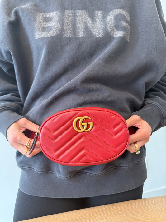 Gucci Marmont red/gold belt bag fits phones cardholders keys etc size 85 fits XS S and M in box !