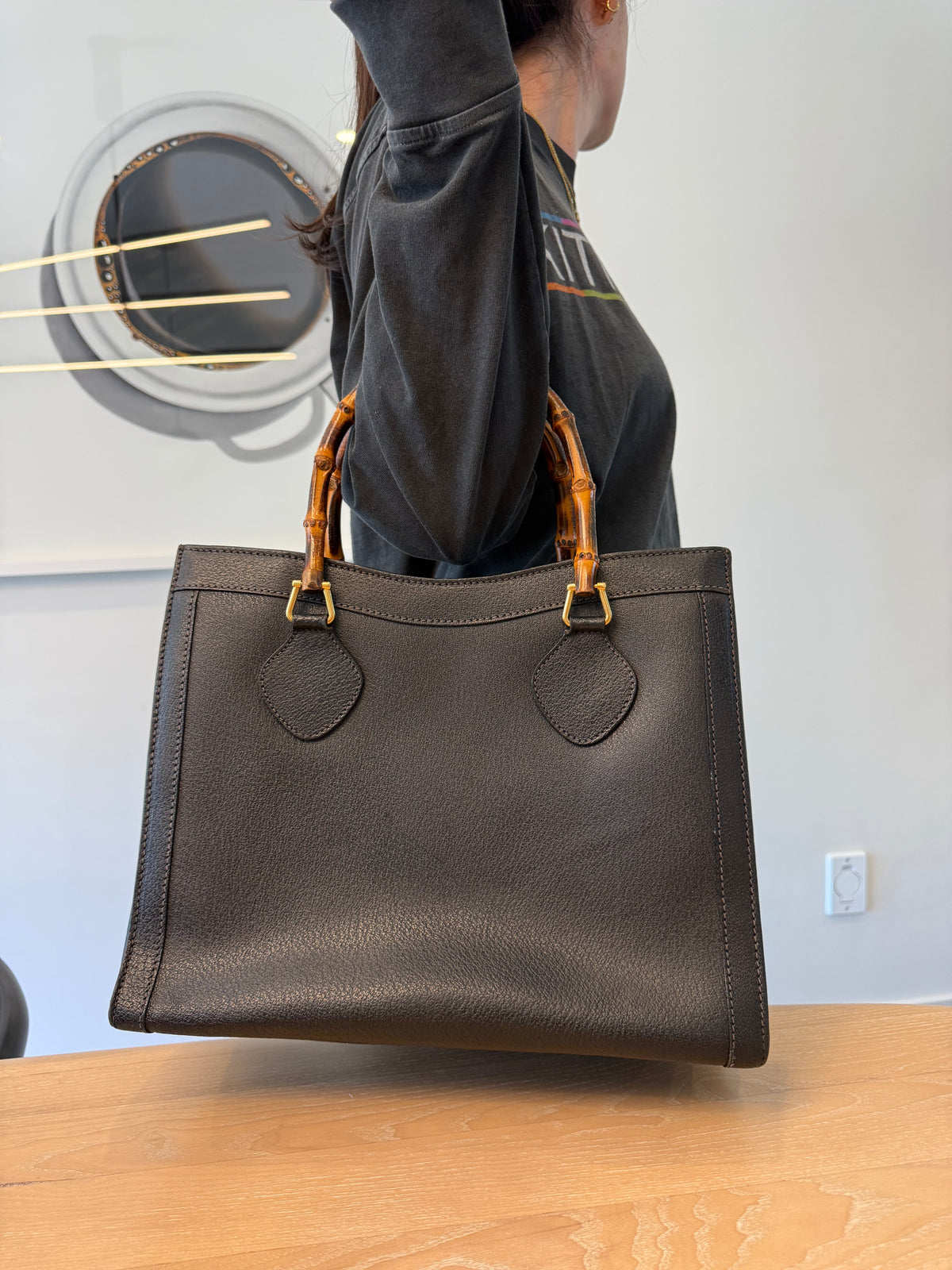 Authentic Gucci Black Bamboo Shoulder Top handle triple compartment bag ! Retail $3500