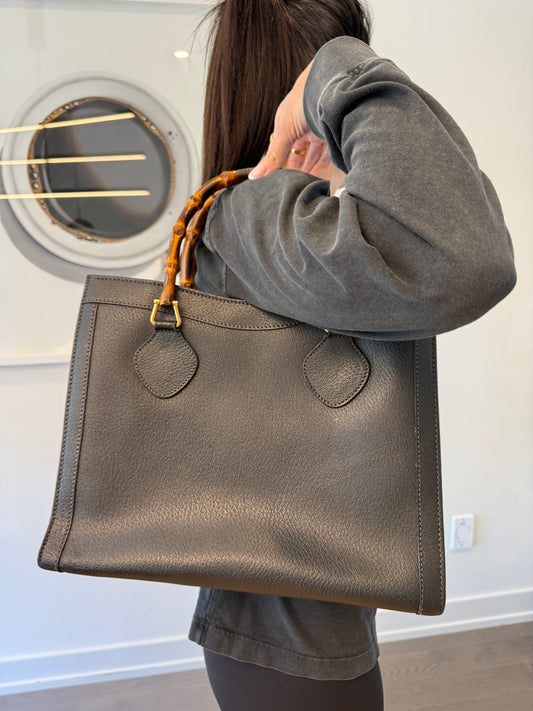 Authentic Gucci Black Bamboo Shoulder Top handle triple compartment bag ! Retail $3500