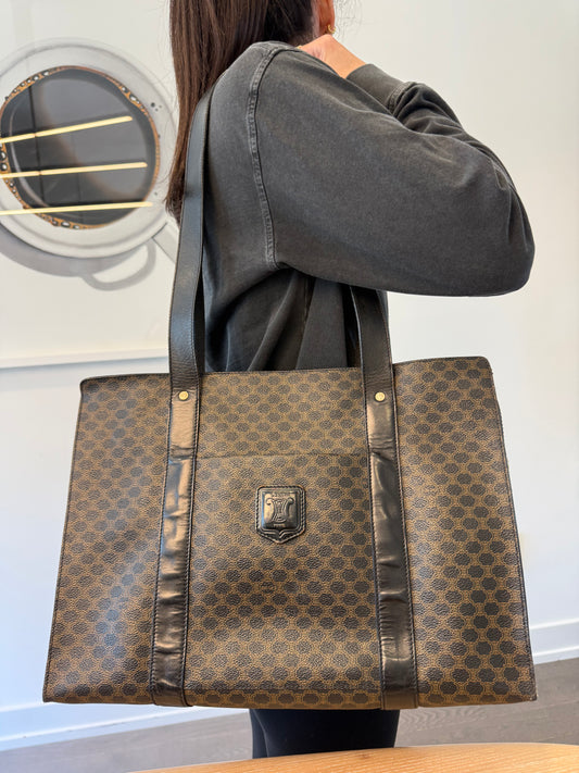 Authentic Celine macadam zipper top black trim shoulder tote heavy duty with matching pocket inside !