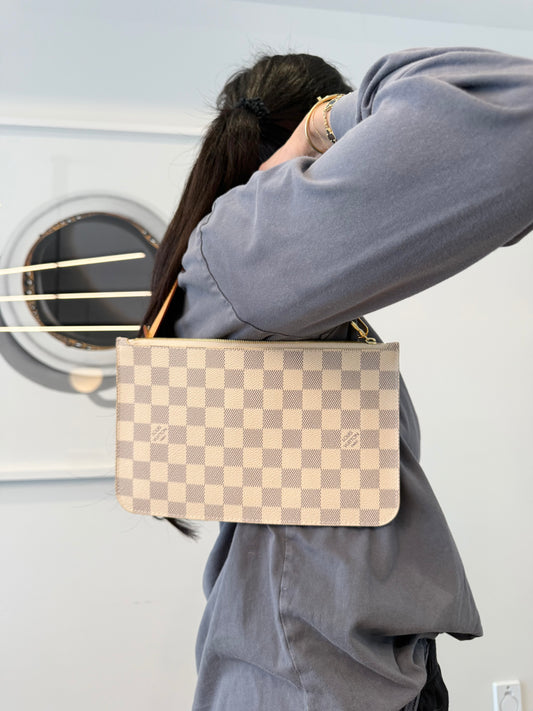 Brand new Louis Vuitton damier azur GM Pochette with original brand new strap! Shoulder or wristlet phones cards cash coins lipstick etc