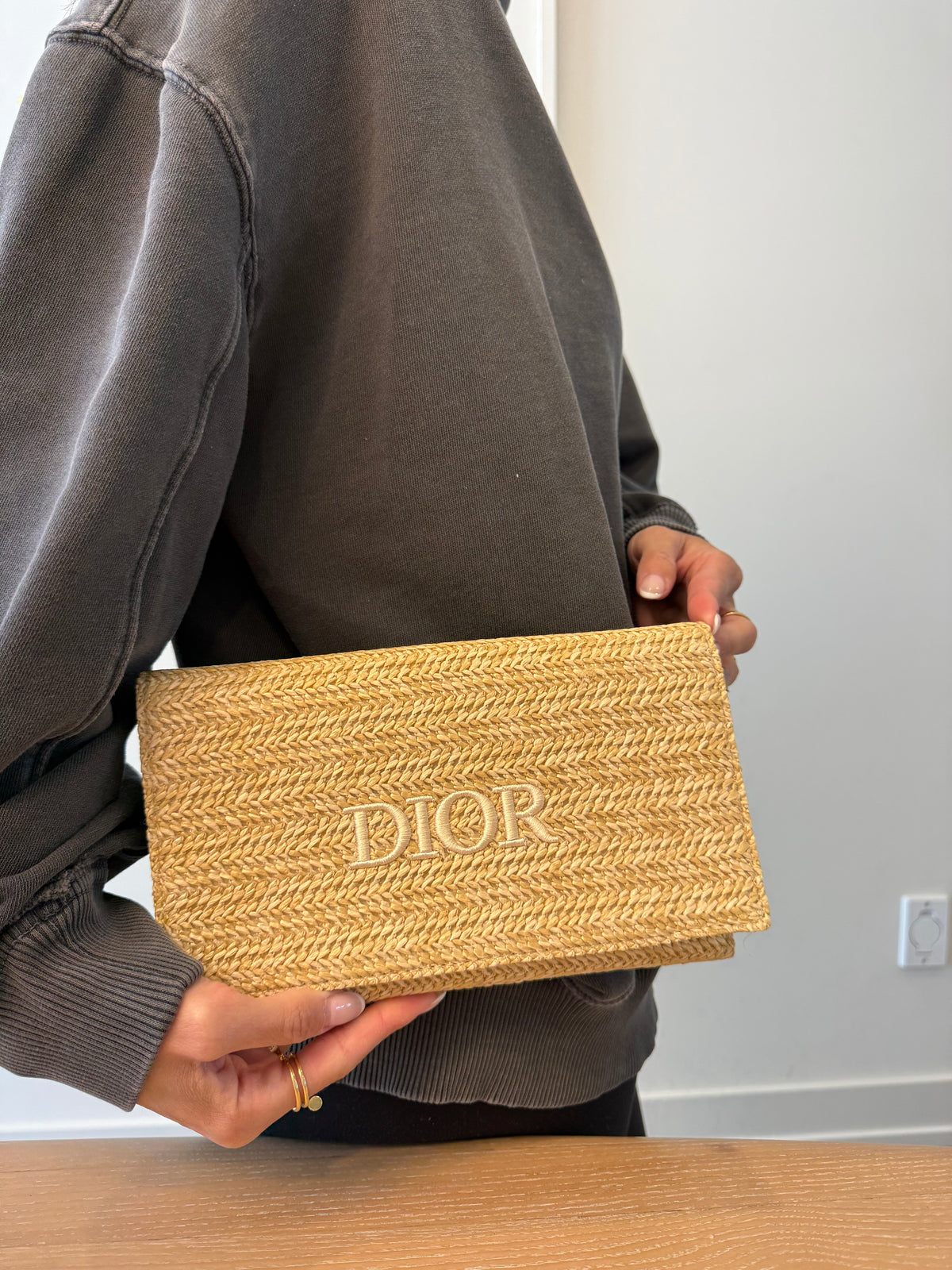 Authentic Dior beauty Raffia magnetic closure zipper top crossbody with added removeable strap new in box fits all phones and beauty items