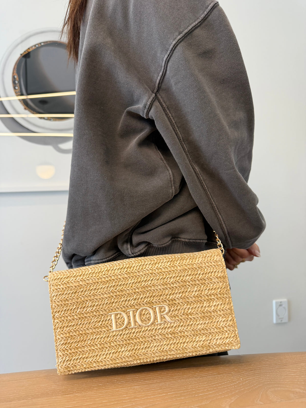 Authentic Dior beauty Raffia magnetic closure zipper top crossbody with added removeable strap new in box fits all phones and beauty items