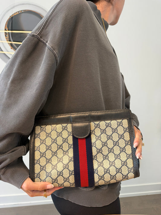 Authentic Gucci Blue Web Gorgeous condition Velcro clutch fits wallets keys makeup phones etc