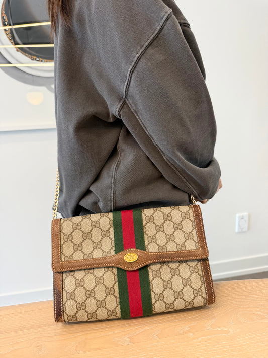 Authentic Gucci Ophidia supreme 1980 flap crossbody clutch with added removeable strap in unbelievable condition for its age!! Fits phones cards wallets coins makeup etc