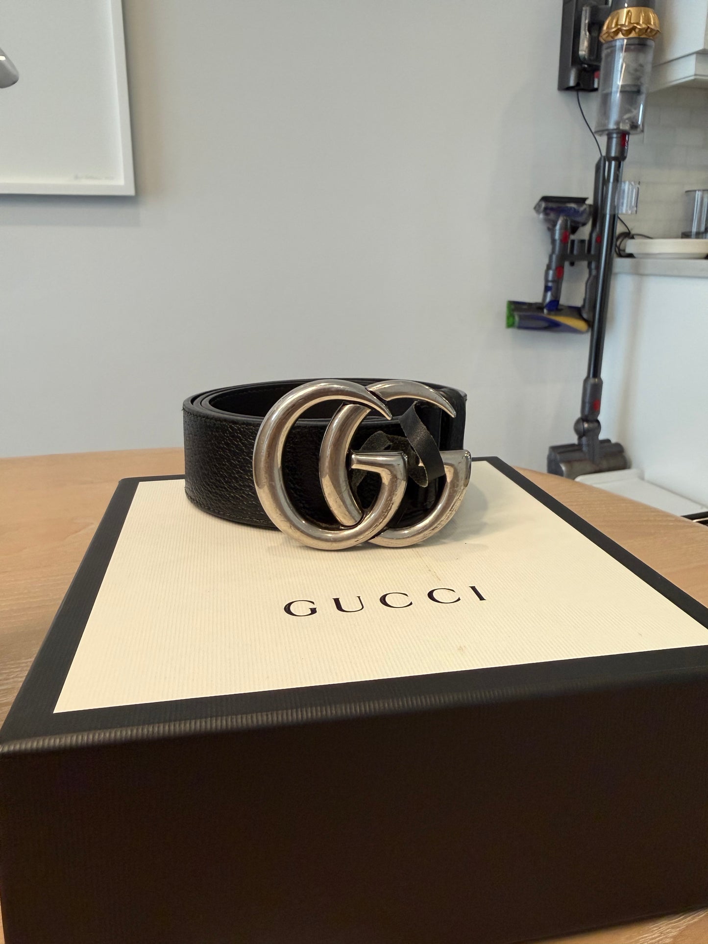 Gucci Marmont gg black belt silver emblem wide version! Retail $755 plus tax in box size 85 fits xs s and m