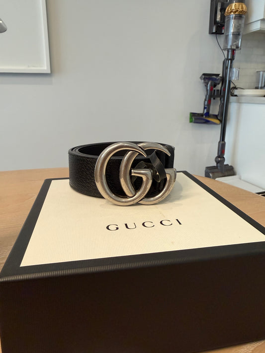 Gucci Marmont gg black belt silver emblem wide version! Retail $755 plus tax in box size 85 fits xs s and m