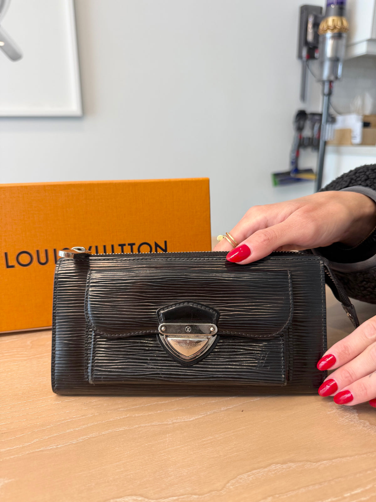 Authentic Louis Vuitton epi black and silver zipper top clutch wallet