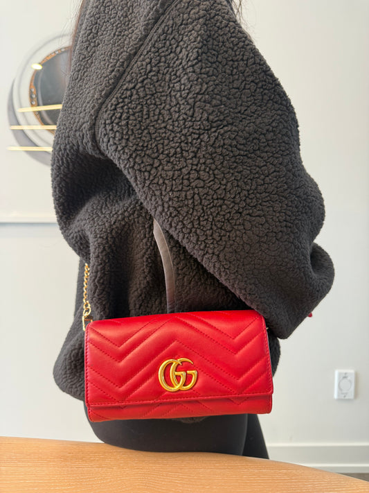 Authentic Gucci Marmont red/gold flap wallet with added removeable chain fits phones etc retail $1100 plus tax!
