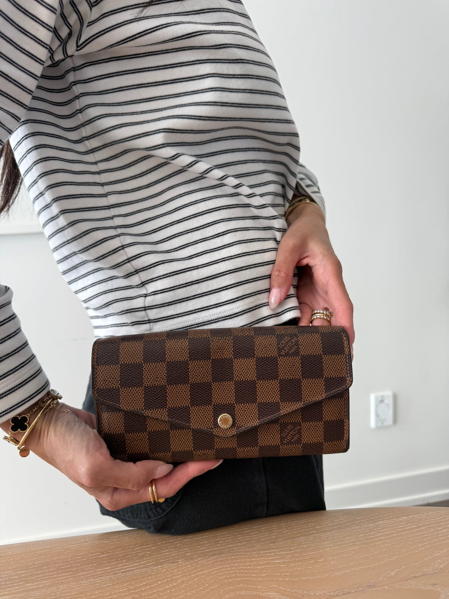 Louis Vuitton damier ebene Sarah monogram wallet in box with added removeable strap ! $910 plus tax retail