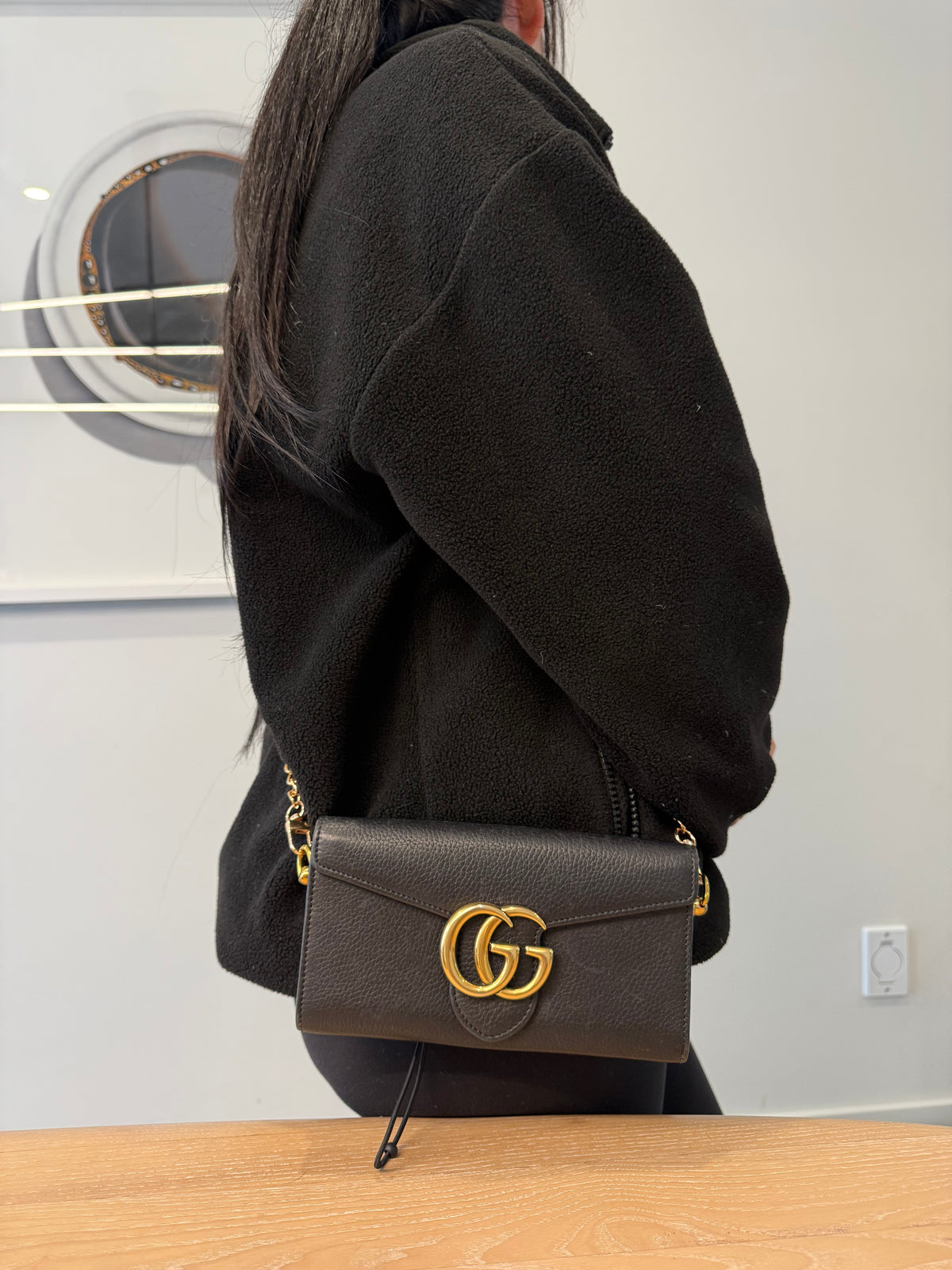 Authentic Gucci Marmont black and gold wallet with added removeable strap fits phones etc retail $1100