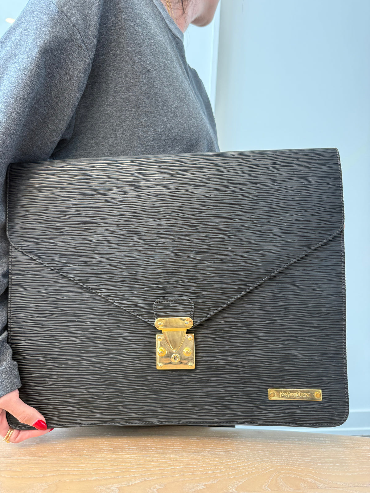 Authentic Yves Saint Laurent epi black / gold like new document briefcase fits all documents laptops etc 9.8/10 heavy duty and rare