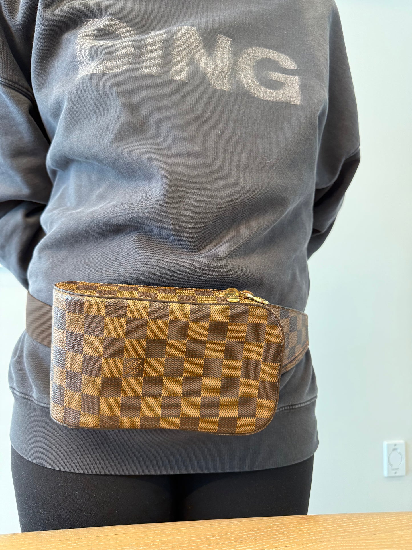 Louis Vuitton damier ebene geronimos in absolute pristine condition! Adjustable strap all phones fit keys cards etc back Velcro key pocket