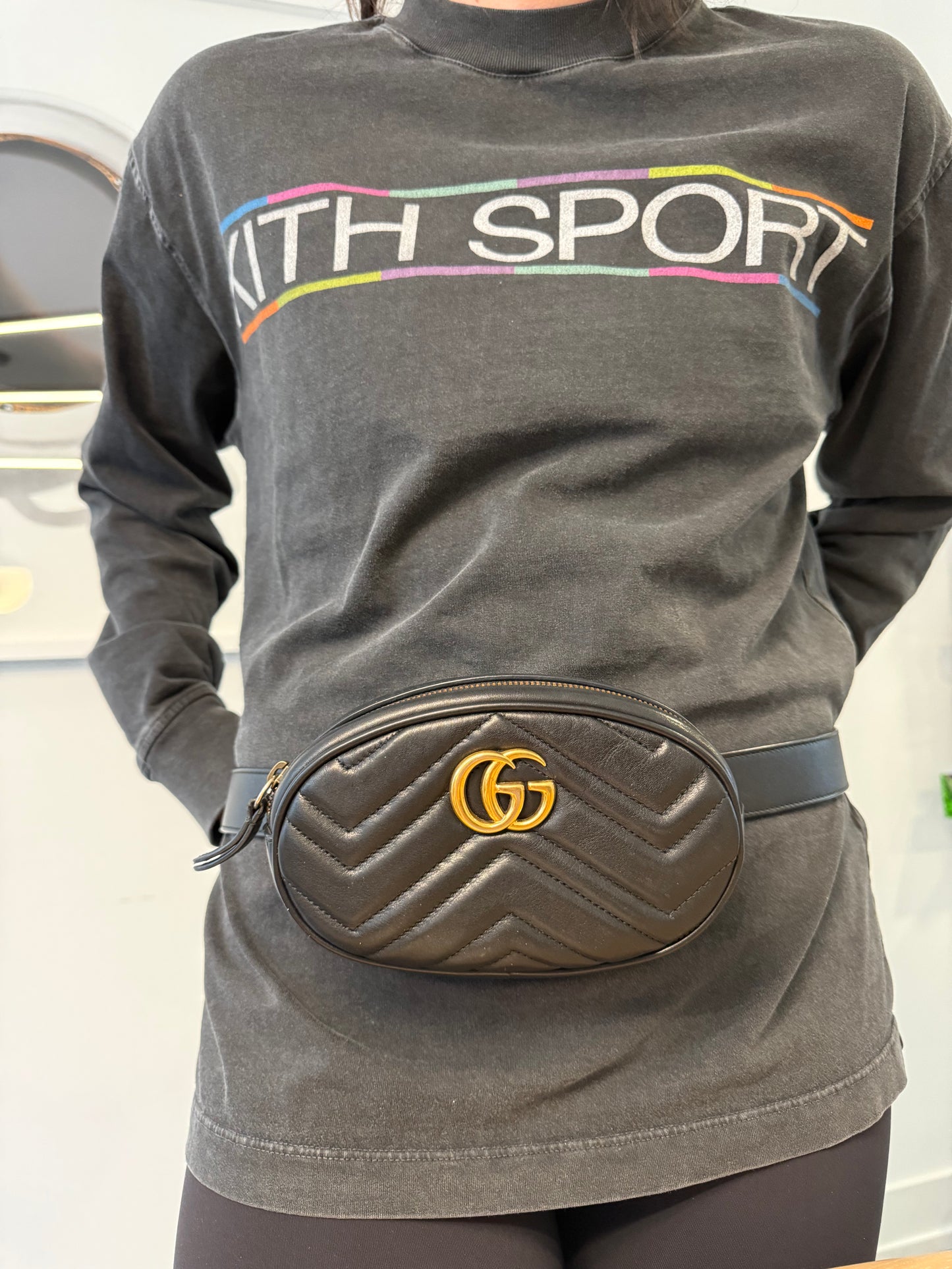 Gucci Marmont chevron black and gold size 85 belt waist bag fits all phones etc retail $2500