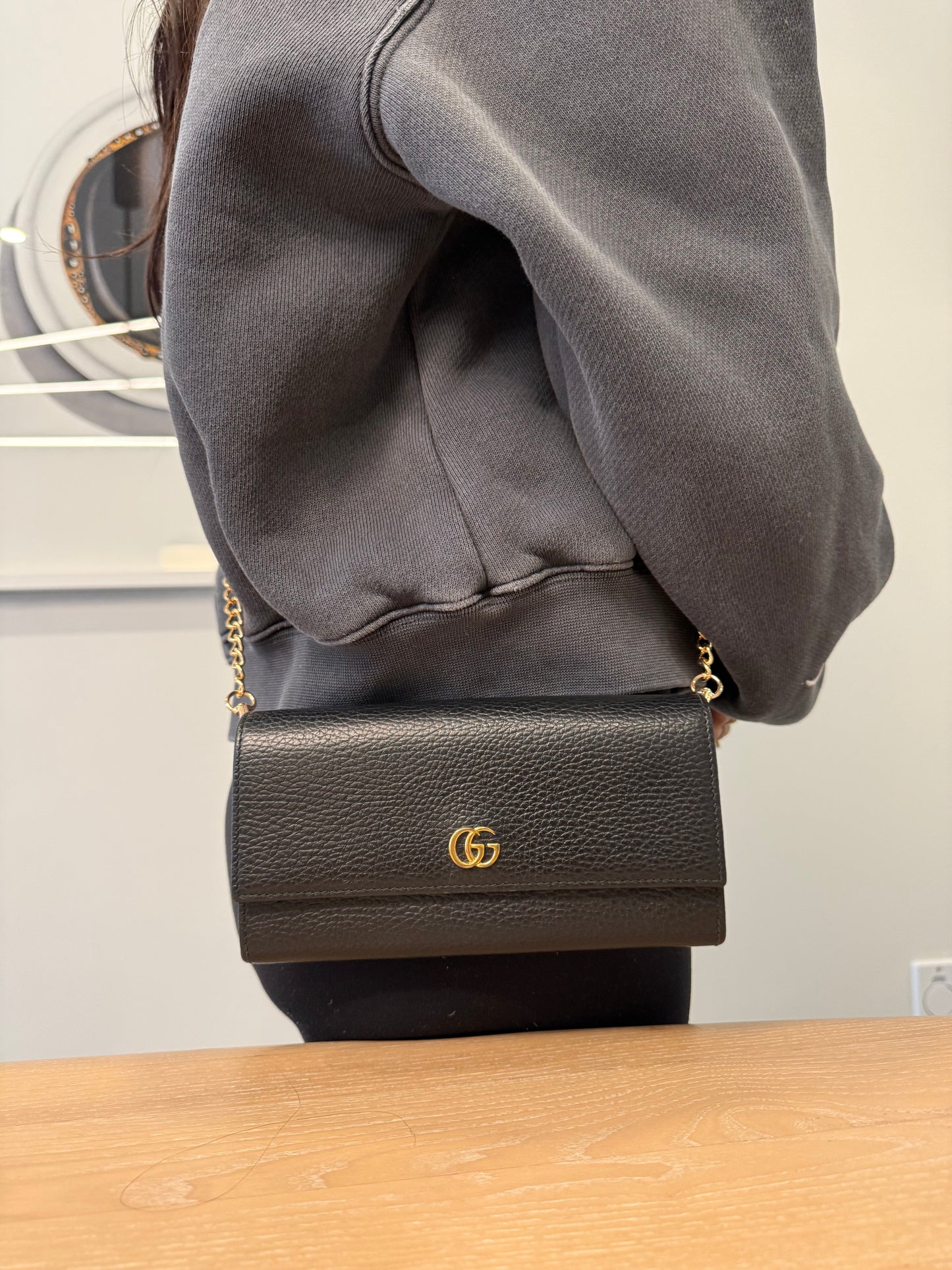 Rare Gucci flap marmont black and gold pristine wallet with added removeable strap! Over $1000 retail