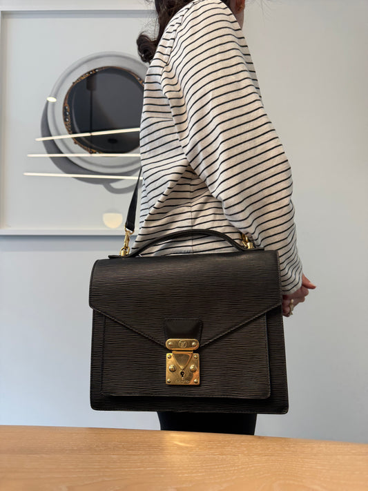 Authentic Louis Vuitton Epi 2 Way Top Handle bag with original adjustable strap in pristine condition