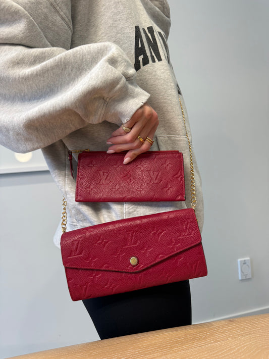 Authentic Louis Vuitton Sarah empriente wallet with coin pouch added removeable strap! Fits all phones cards cash coins etc