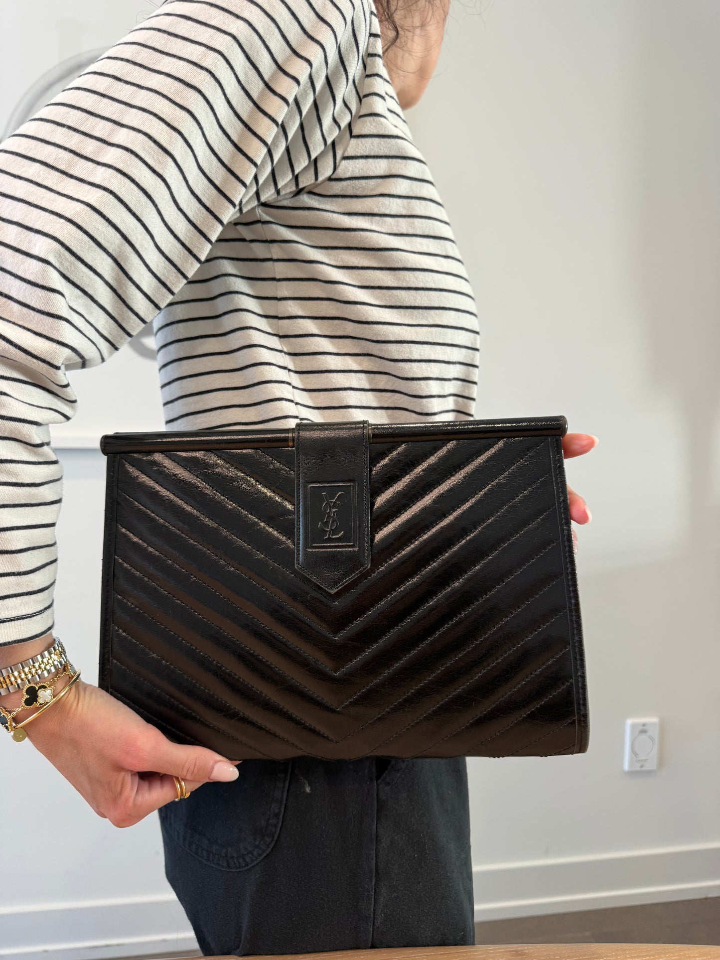 Authentic Yves Saint Laurent Chevron Magnetic Closure Clutch in pristine condition inside and out with dustbag fits all phone cards cash coins wallets makeup etc