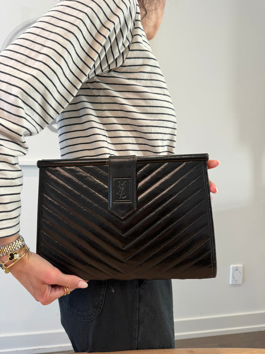 Authentic Yves Saint Laurent Chevron Magnetic Closure Clutch in pristine condition inside and out with dustbag fits all phone cards cash coins wallets makeup etc