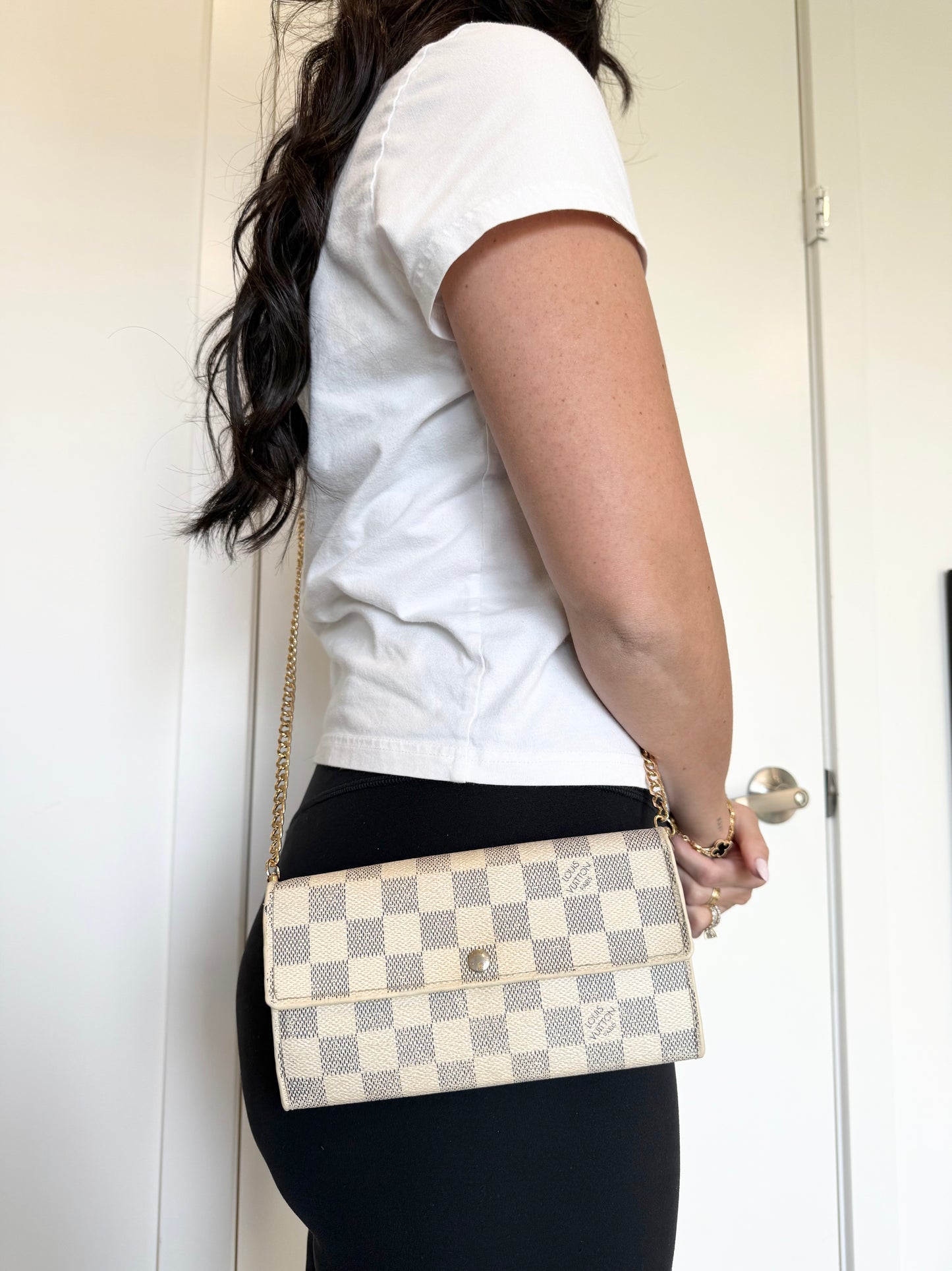 Louis Vuitton damier azur Sarah wallet with original box and added strap fits phones cards cash coins etc!