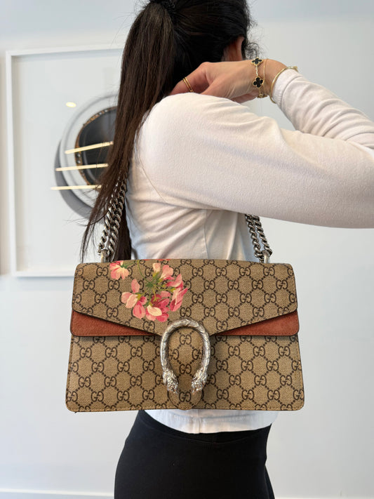 Authentic GUCCI GG SUPREME BLOOMS CANVAS/BURGUNDY SUEDE DIONYSUS MEDIUM SHOULDER BAG RETAIL $4300!