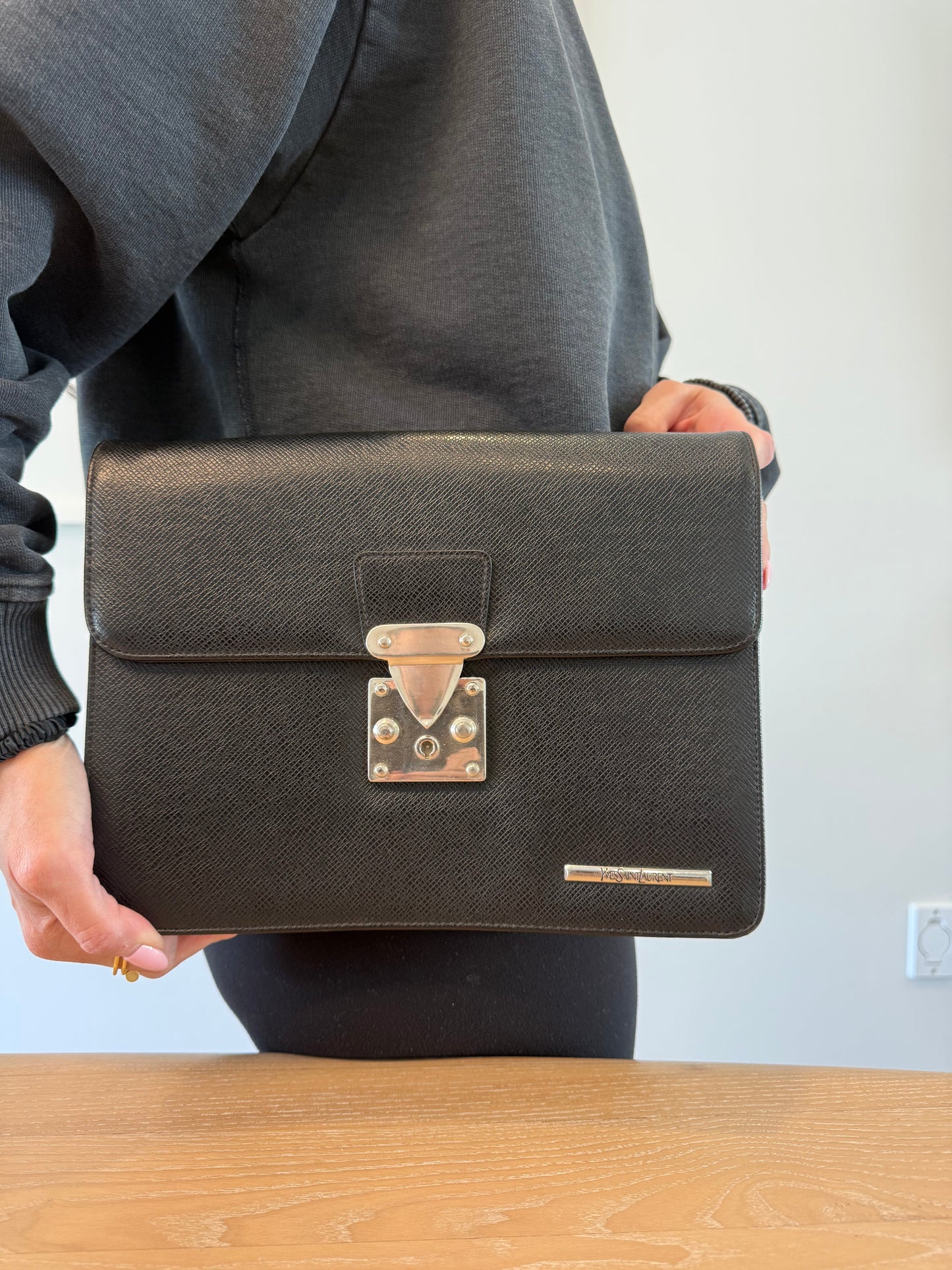 Authentic Yves Saint Laurent Heavy Duty Epi Black / Silver lock box crossbody clutch in black and silver with added removeable strap fits phones wallets cards cash coins etc