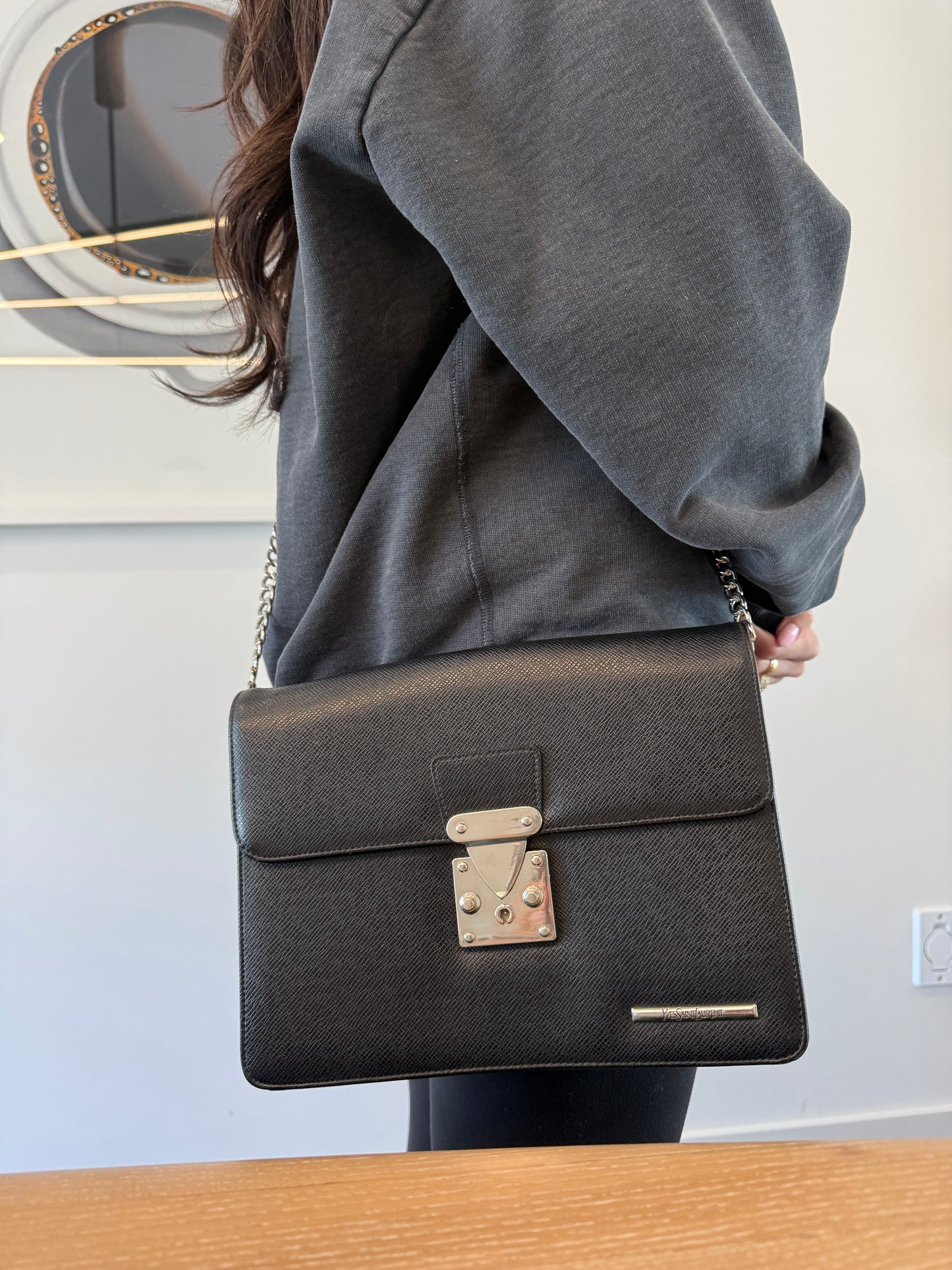 Authentic Yves Saint Laurent Heavy Duty Epi Black / Silver lock box crossbody clutch in black and silver with added removeable strap fits phones wallets cards cash coins etc