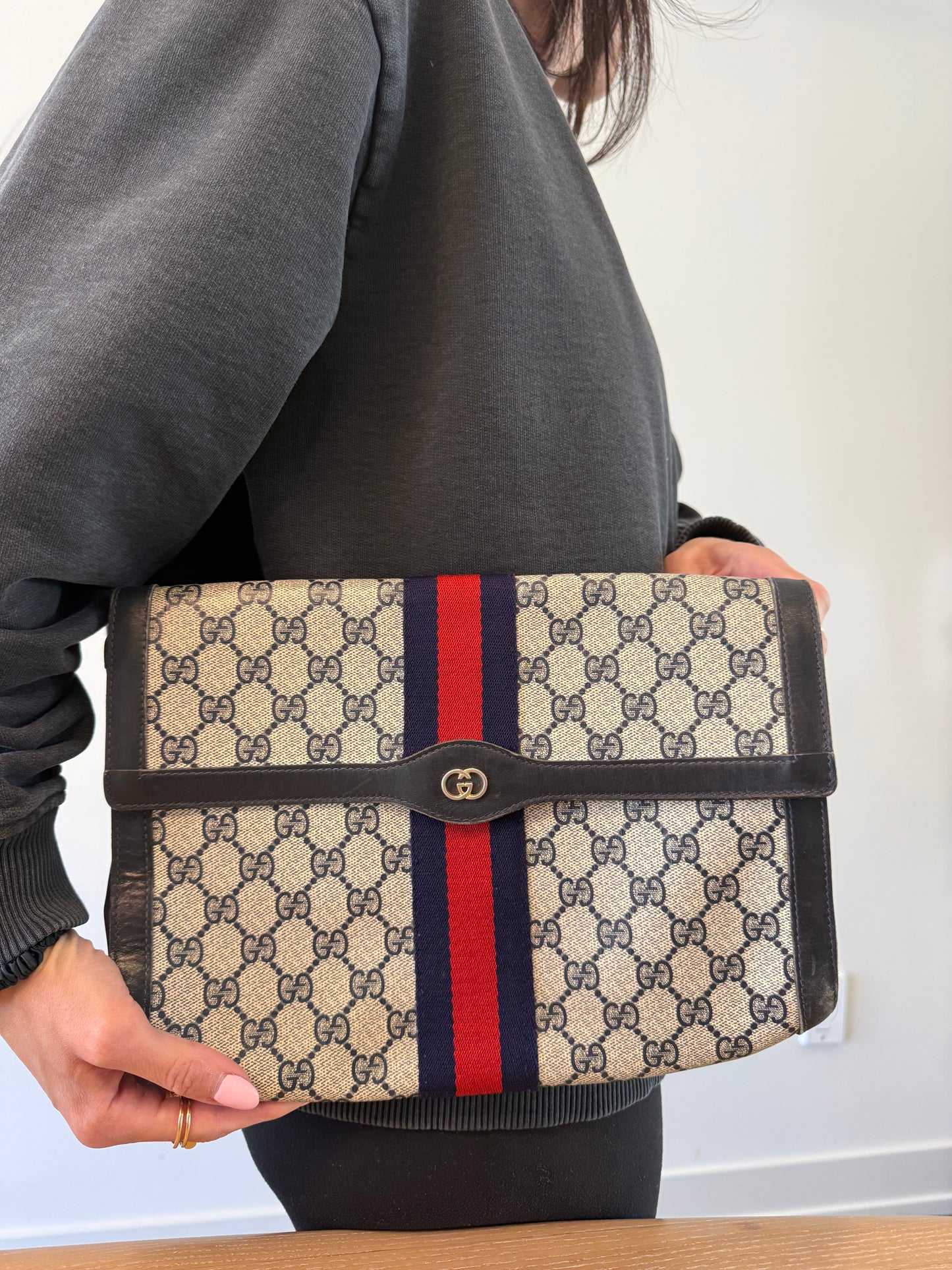 Authentic Gucci Supreme Parfum Blue Web Ophidia XL Crossbody Clutch with added removeable strap ! Fits phones wallets makeup etc