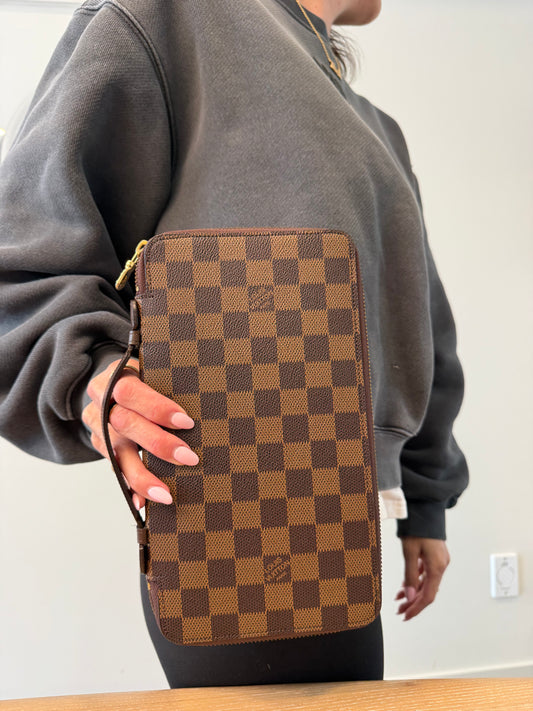 Authentic Louis Vuitton Damier Ebene Wristlet Travel Organizer for passports cards cash coins etc