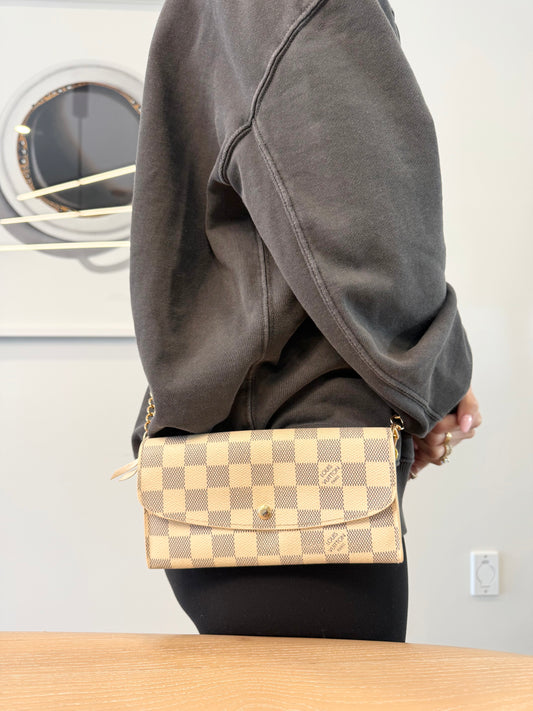 Authentic Louis Vuitton Damier Azur Emily wallet  with added removeable strap in absolute pristine condition inside and out ! Fits phones cards cash coins etc retail $910!