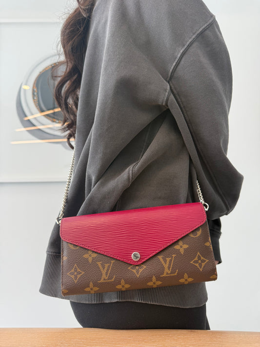 Authentic Rare Louis Vuitton Monogram Epi Trifold Sarah wallet with added removeable strap in box ! Retail $1170