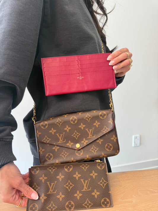 Authentic Louis Vuitton Monogram Pochette Félicie with two inserts and original crossbody strap fits phones wallets keys makeup etc !