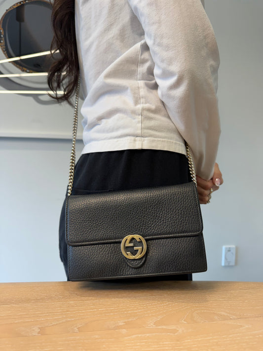 Authentic Gucci Black Flap Disco WOC original chain crossbody chain bag! Retail $1510 plus tax fits phones cards cash coins etc
