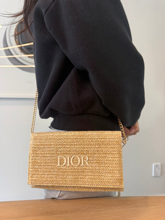 Authentic Dior beauty raffia like new in box with added removeable strap fits phones cards cash bc pins wallets makeup etc