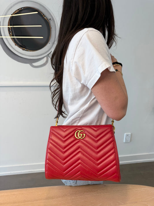 Authentic Gucci Marmont Chevron magnetic closure top handle 2 way crossbody bag in like new condition in dustbag $3500 retail!