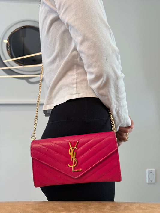 Authentic Yves Saint Laurent Cassandre wallet flap with added strap in dustbag fits phones cards cash coins etc