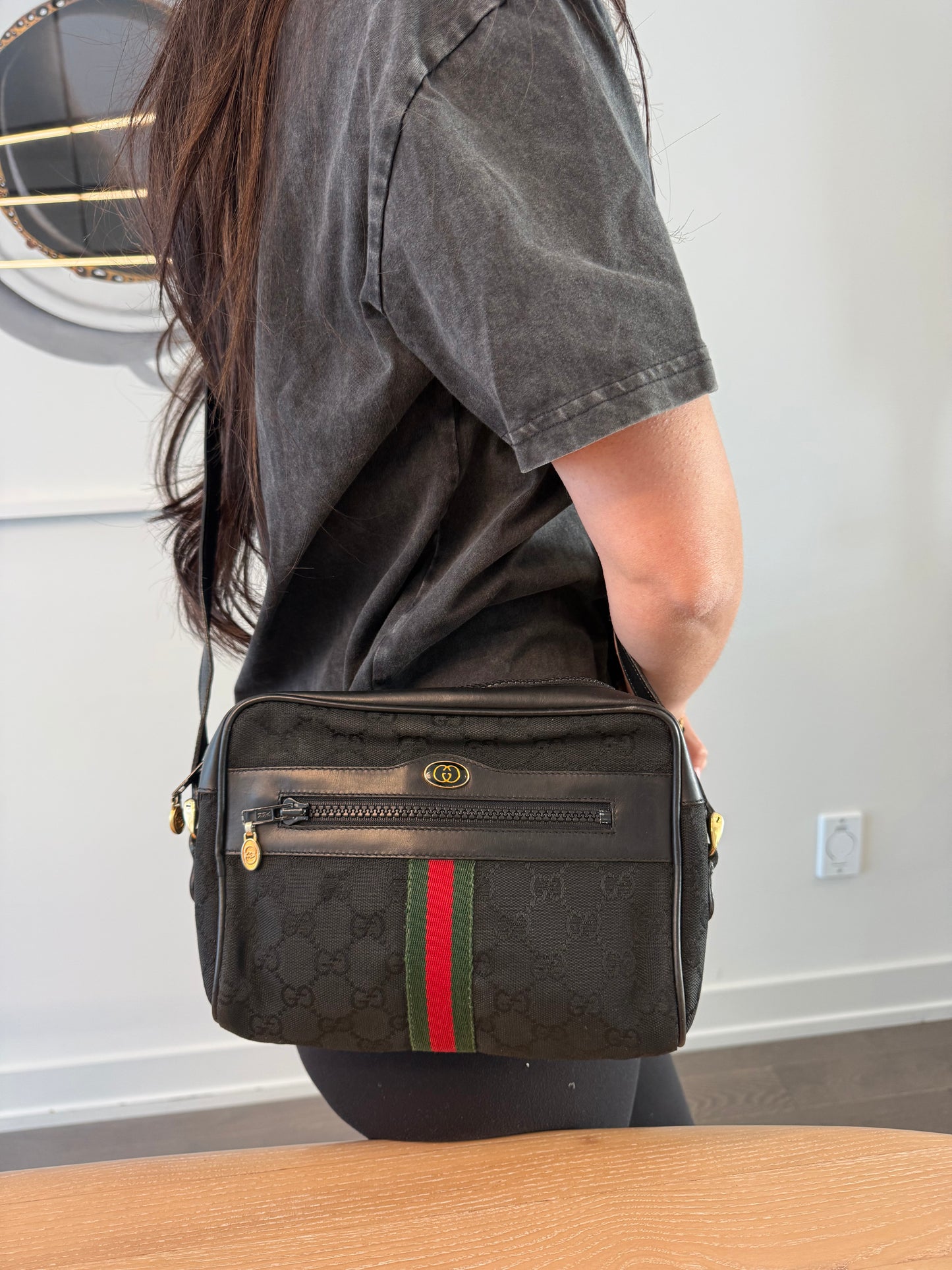 Authentic Gucci black Ophidia gg adjustable strap supreme crossbody bag with red diamanté interior in absolutely stunning condition! Fits phones wallets keys makeup etc