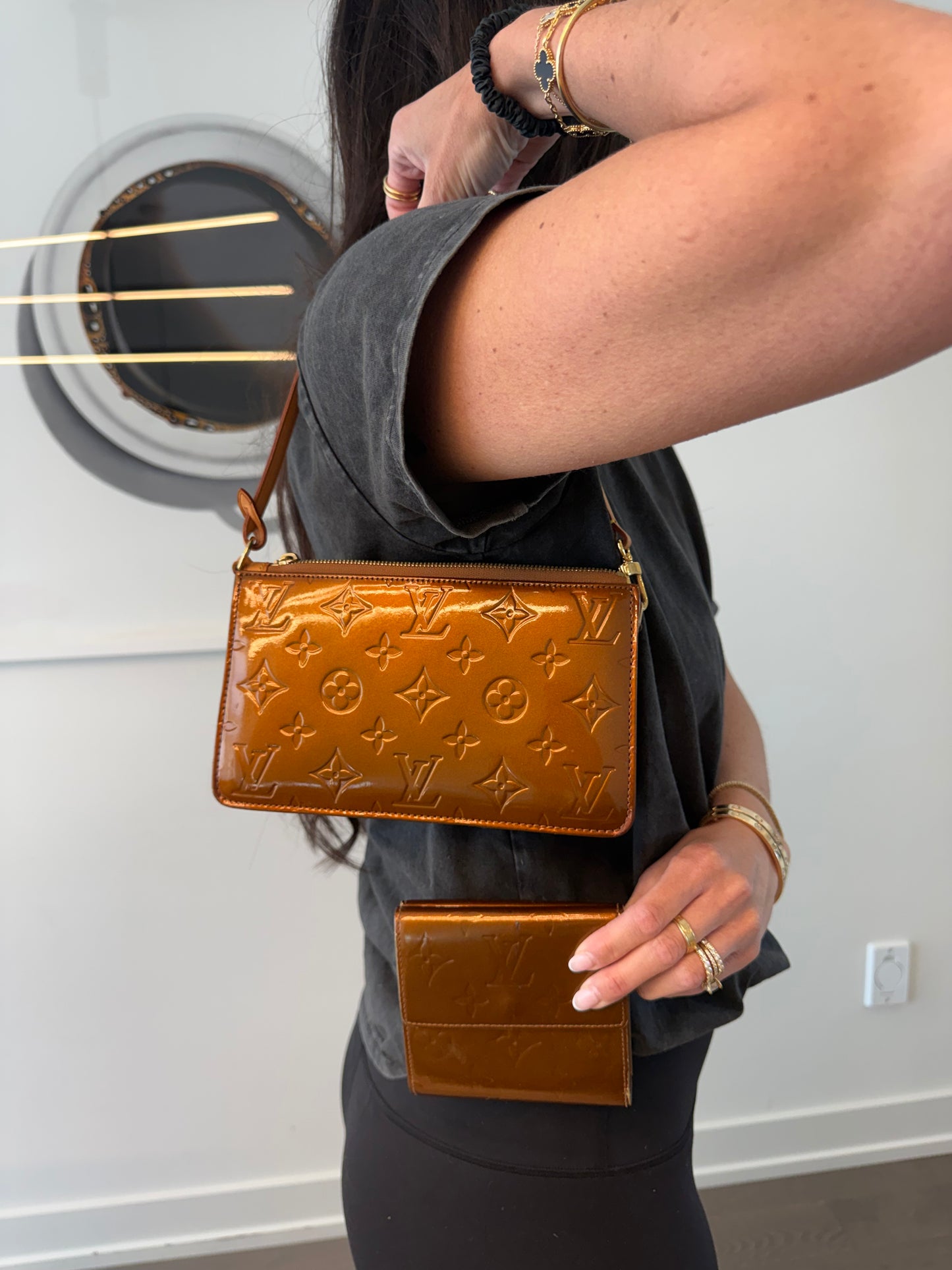 Authentic Louis Vuitton Vernis Bronze Long Shoulder Strap Pochette Accesories with matching bi fold wallet ! Fits phones wallets keys makeup etc