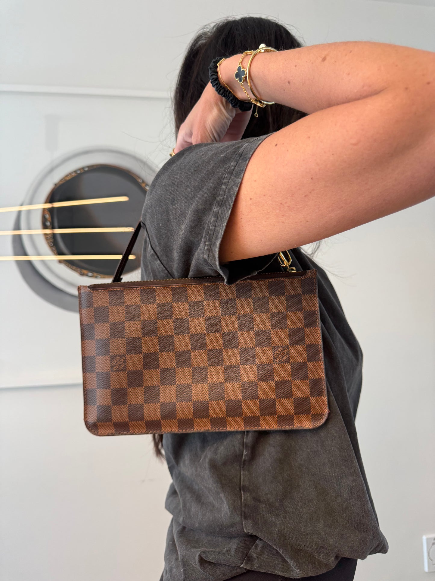 Authentic Louis Vuitton Damier Ebene cosmetic GM Pochette with original lv strap! Gorgeous condition! Fits phones etc