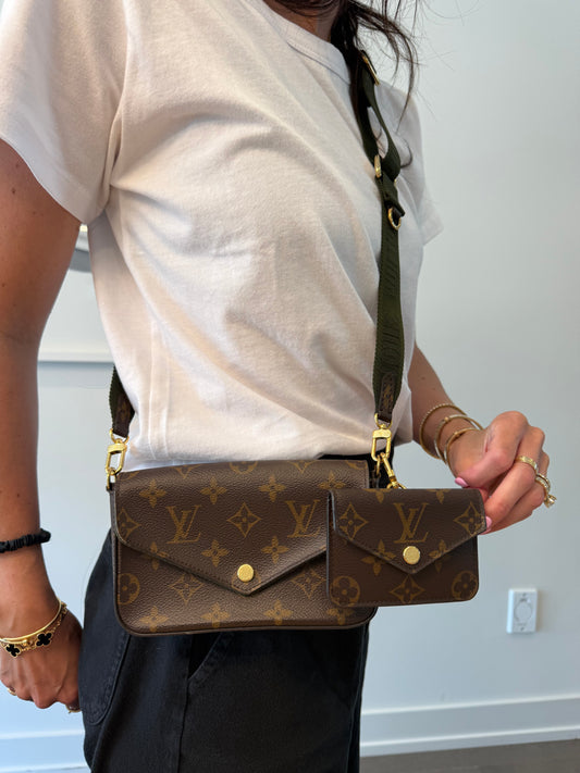 Authentic Louis Vuitton Monogram Sarah Feliecie adjustable logo green strap with cardholder strap and go !!! Retail $3650! Absolutely pristine new edition microchipped!