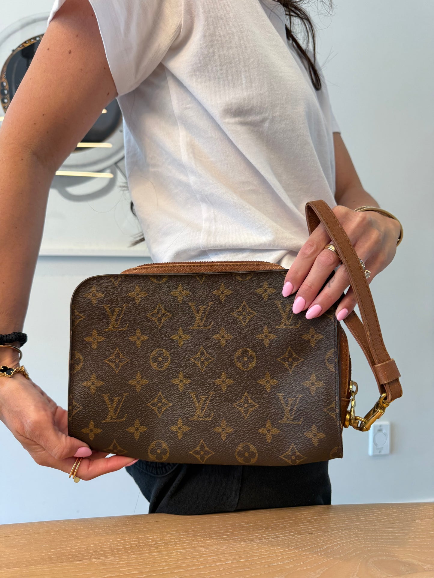 Authentic Louis Vuitton Monogram Orsay with original LV wristlet ! Fits phones keys makeup wallets etc