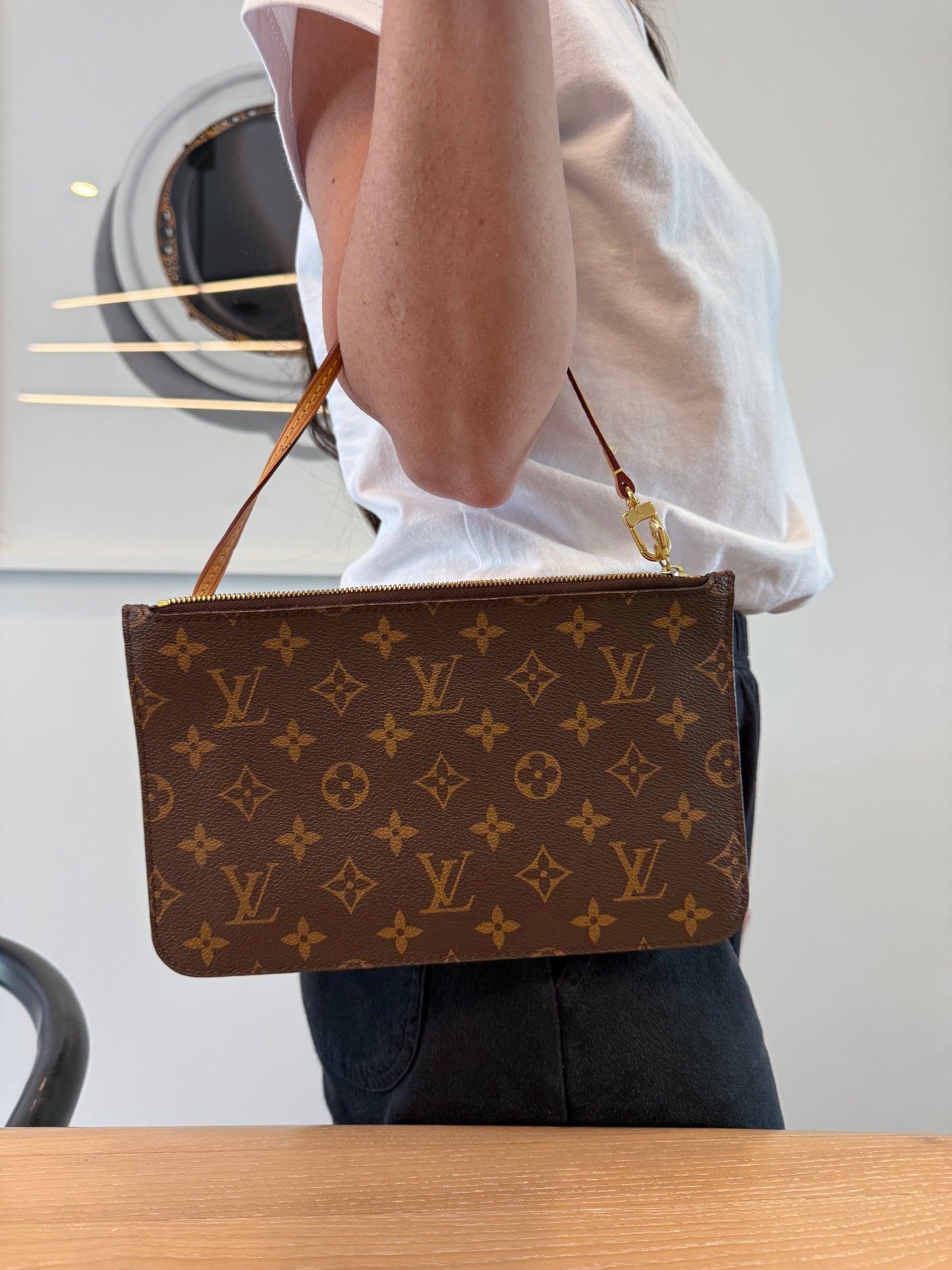 Authentic Louis Vuitton Monogram Pochette GM with original lv wristlet in pristine condition inside and out ! Fits phones keys cards cash coins makeup etc